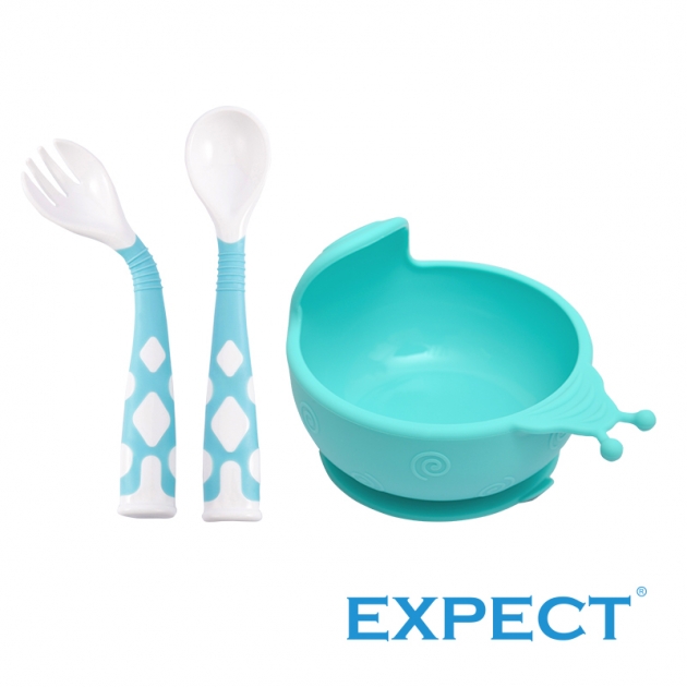 【EXPECT】蝸牛矽膠吸盤碗+彎彎叉匙組(2色可選)